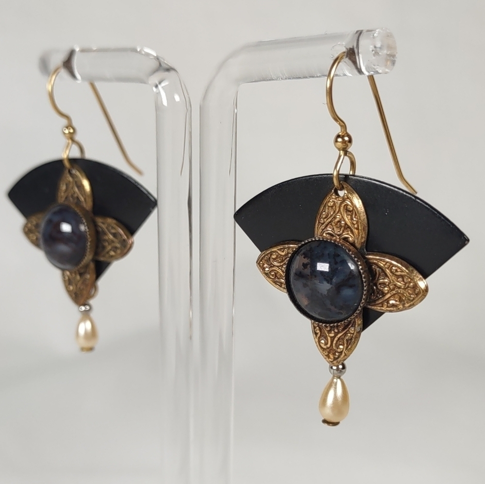 Vintage Black, Brass, Faux Pearl, and Glass or Stone Fishhook Earrings